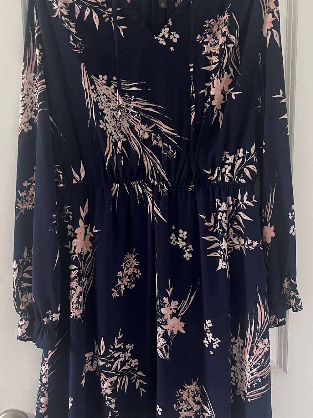 Massini Flowy Navy Dress with Blush Floral Print and Sheer Sleeves